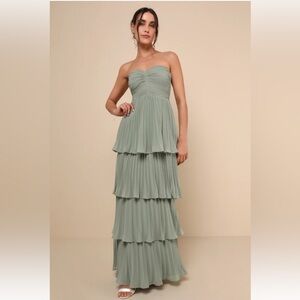 Lulus Seriously Sensational Sage Brush Strapless Tiered Maxi Dress